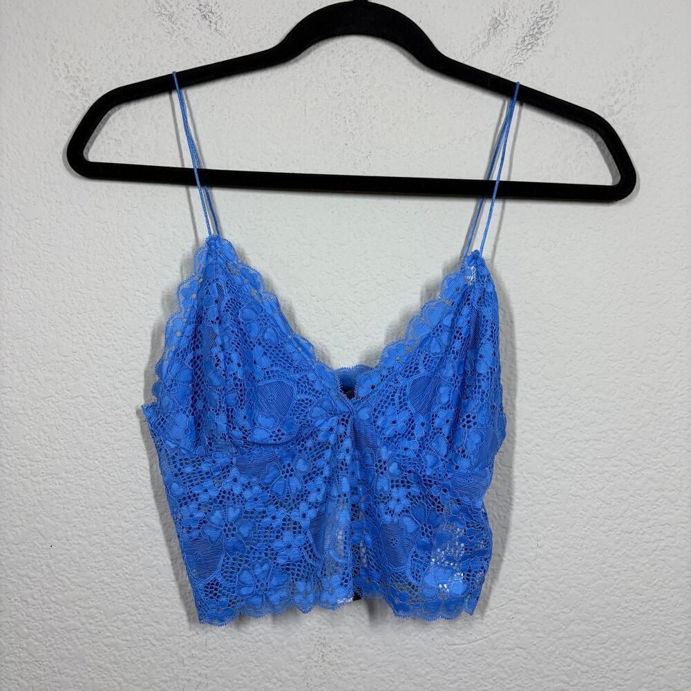 XXI Medium Cami Knit Top Blue Lace Nylon Blend Sheer Spaghetti Strap Cropped